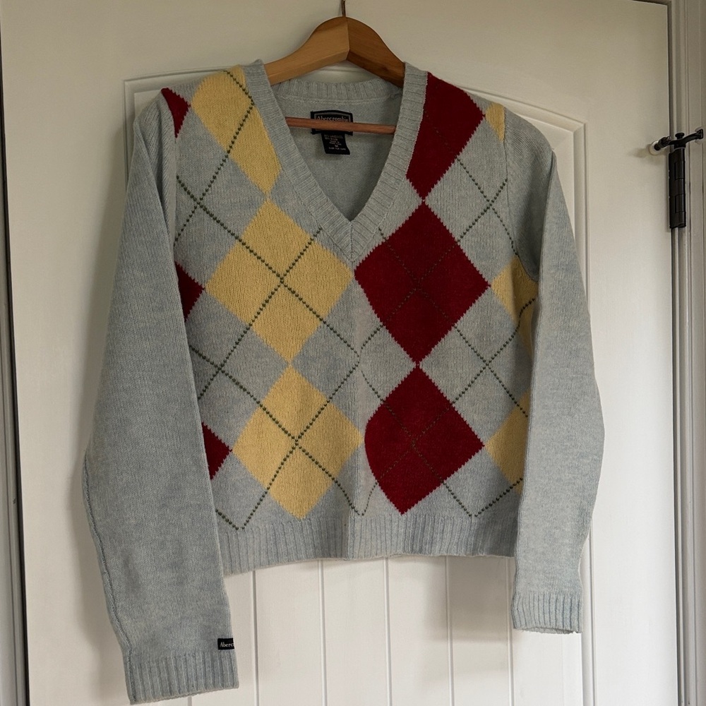Abercrombie Argyle V-Neck Sweater - Light Blue with Red & Yellow